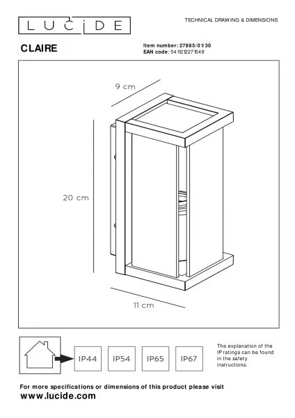 Lucide CLAIRE - Applique murale Intérieur/Extérieur - 1xE27 - IP54 - Anthracite - TECHNISCH